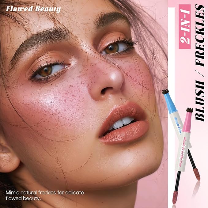 2 Colors Freckle Blush Pen for Lifelike Faux Freckle, Waterproof Freckle Stamp&Blusher 2 in 1 for Natural Sunkissed Makeup, Fake Freckles Stain Marker with Puff
