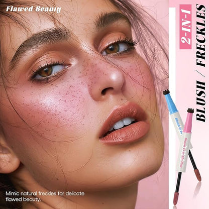 2 Colors Freckle Blush Pen for Lifelike Faux Freckle, Waterproof Freckle Stamp&Blusher 2 in 1 for Natural Sunkissed Makeup, Fake Freckles Stain Marker with Puff