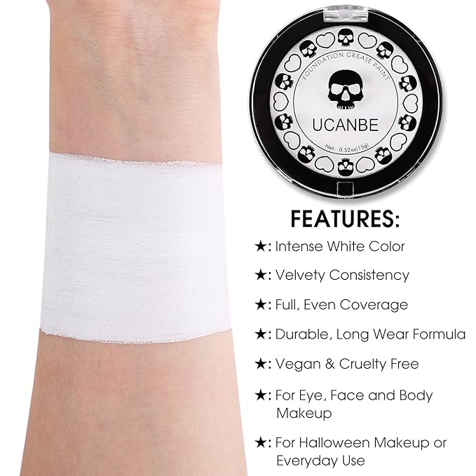 UCANBE Goth White Cream to Powder Foundation Makeup, Professional Clown White Face Body Paint with Matte Finish for Halloween, SFX Makeup, Cosplay, Costume, Stage, Mime & Film(0.52oz)