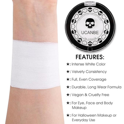 UCANBE Goth White Cream to Powder Foundation Makeup, Professional Clown White Face Body Paint with Matte Finish for Halloween, SFX Makeup, Cosplay, Costume, Stage, Mime & Film(0.52oz)