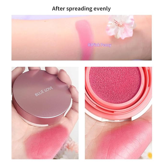 BLUE LOVE Cushion Liquid Blush - Silky Cream Formula for Cheeks, Natural Glow Makeup with Sheer Finish, for Contouring and Highlighting (03#Pink Peony)