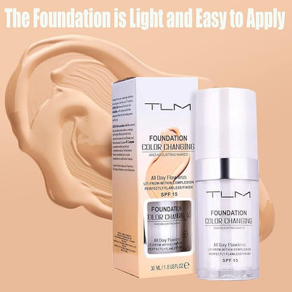 2Pcs 30ml TLM Colour Changing Foundation Makeup Concealer Cover Cream Full Coverage Flawless Liquid Base Nude Face Liquid Cover Concealer Change Skin Tone All-Day Moisturizing Foundation for Women&Girls