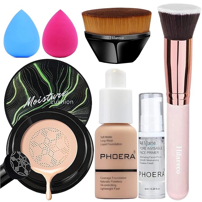 PHOERA Foundation,Mushroom Head Air Cushion CC Cream Natural Foundation,PHOERA Makeup Foundation Full Coverage,Phoera Face Primer, Foundation Brush (103 Warm peach + 03 Warm Nude CC)
