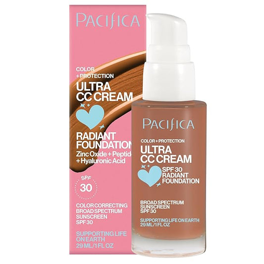 Pacifica Ultra CC Cream Radiant Foundation SPF 17 - Warm-Tan – Medium Coverage Color Correcting Foundation, Dewy Finish, Mineral SPF, 1 oz