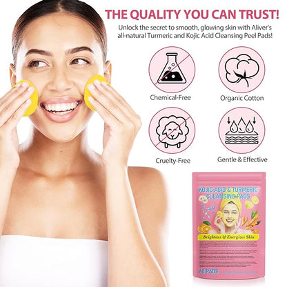 Turmeric Cleansing Pads 60 PCS, Kojic Acid and Turmeric Cleansing Pads, Turmeric Cleansing Pads for Dark Spots, Sugar Turmeric Exfoliating Cleansing Pads for Face and Body (2 pack) ﻿ ﻿