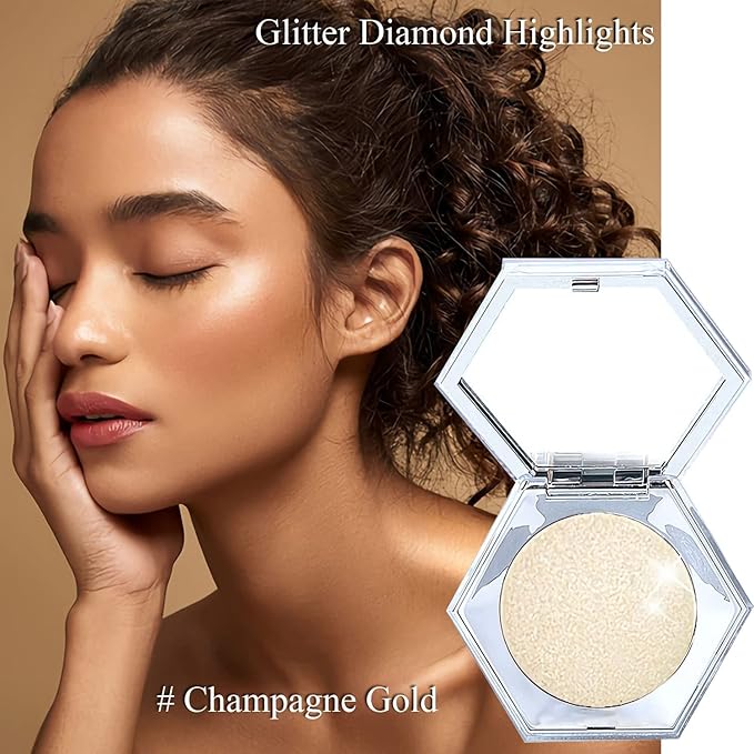 Shimmering Face Highlighter Makeup Palette Glitter Face Highlight Contouring Makeup Palette Smooth Glitter Powder Nose Eye Contour Palettes Glow Illuminator for Face & Body Cosmetics (Champagne Gold)