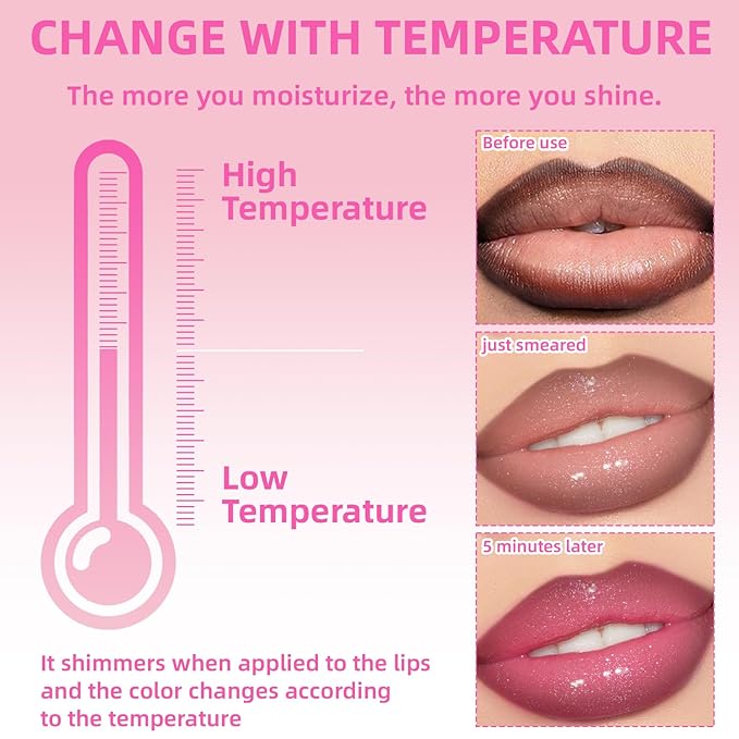 Color Changing Lip Oil with Brown Lip Liner,Big Brush Head Hydrating Non-Sticky Moisturizing Lightweight Magic Pink Glitter Tinted Lip Gloss for Women Plumping Lip Glow Oil for Dry Lips Makeup