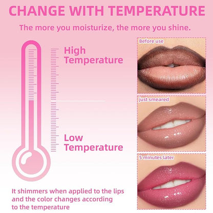 Color Changing Lip Oil with Brown Lip Liner,Big Brush Head Hydrating Non-Sticky Moisturizing Lightweight Magic Pink Glitter Tinted Lip Gloss for Women Plumping Lip Glow Oil for Dry Lips Makeup
