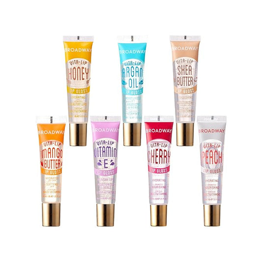 Ruby Kisses Broadway Vita-Lip Clear Lip Gloss (7 Pack) Ultra-Hydrating & Soothing Formula with Vitamins, High-Shine Non-Sticky Finish Lip Balm with Honey, Argan Oil, Shea, Mango Butter, Cherry, Peach