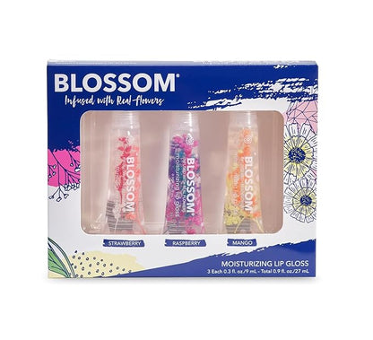 Blossom Scented Moisturizing Lip Gloss Tubes, Infused with Real Flowers, 0.9 fl. oz/27ml, 3 pack Full Size Gift Set, Strawberry/Raspberry/Mango