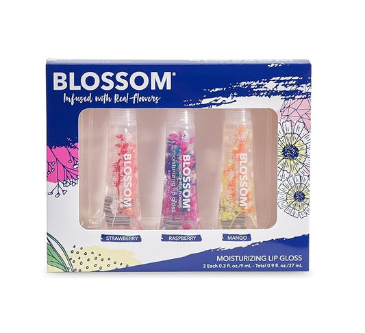 Blossom Scented Moisturizing Lip Gloss Tubes, Infused with Real Flowers, 0.9 fl. oz/27ml, 3 pack Full Size Gift Set, Strawberry/Raspberry/Mango