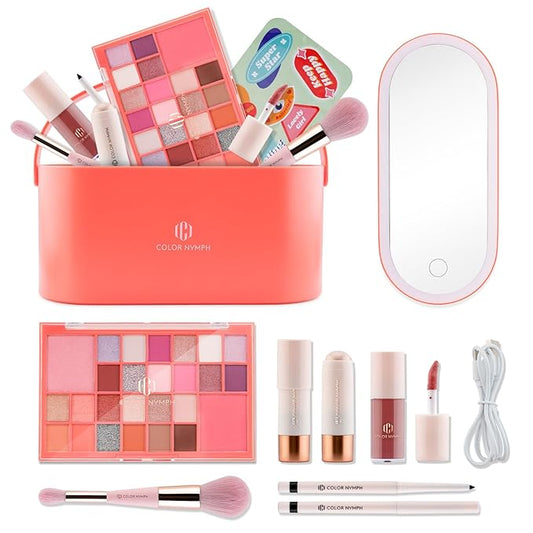 Color Nymph Makeup for Kids with LED Mirror, Travel Makeup Case with Cosmetics Kit for Beginners, Non-Toxic Make Up Set with 26-Color Face Palette Highlighter Lipgloss Eyeliner Brush