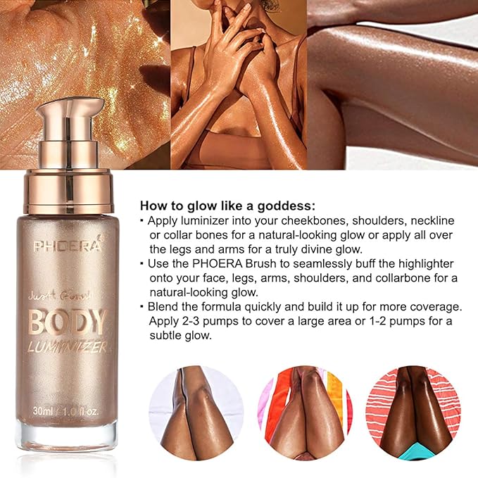 PHOERA High Gloss Waterproof Body Luminizer Glitter Face Shimmer Moisturizer Lotion Tan Cream Foundation Makeup Bronzer AQUAPURITY (102 Metallic Gold)