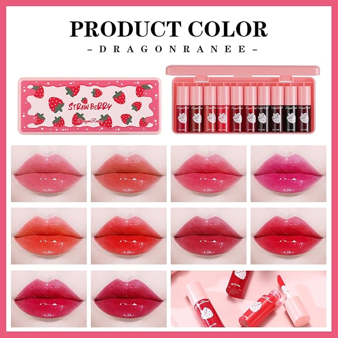 10 Colors Lip Tint Stain Set, Korean Moisturizing Lip Gloss Velvet Mini Liquid Lipstick, Multi-Use Lip and Cheek Tint, Non-Stick Cup, Lightweight, Long-Lasting Waterproof Lips Makeup