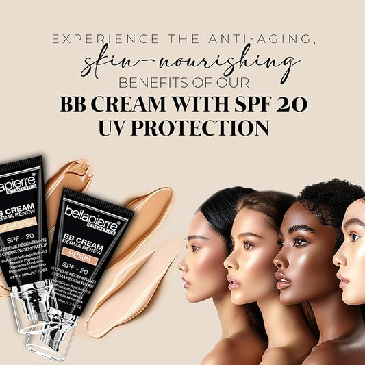 bellapierre BB Cream with SPF 20 - Tinted Sunscreen, Concealer, Matte Foundation, & Moisturizing Face Cream | Lightweight Formula + Pump Top Applicator | Non-Toxic & Paraben Free | 1.7 Oz - Tan