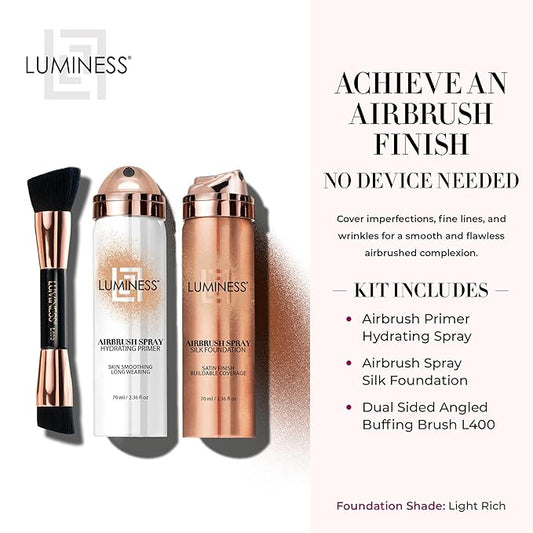 LUMINESS Airbrush Spray Silk Foundation Starter Kit - Light Rich - Foundation, Primer & Dual-Sided Angled Buffing Brush - Medium, Buildable Coverage, Anti-Aging Formula Hydrates & Moisturizes
