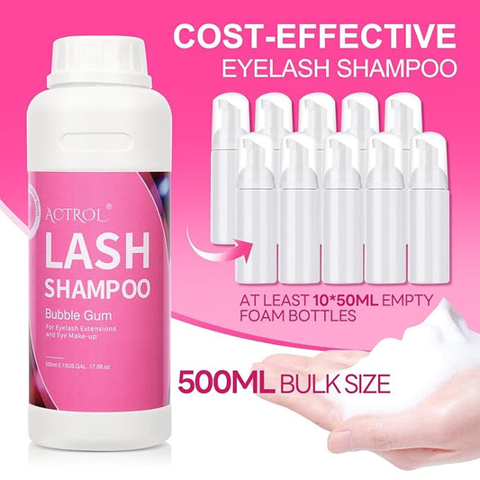 Eyelash Extension Cleanser Bubble Gum 500ml Natural Lash Extension Shampoo Professional Eyelid Foaming Cleanser Paraben & Sulfate Free Non-lrritating with Salon and Home Care