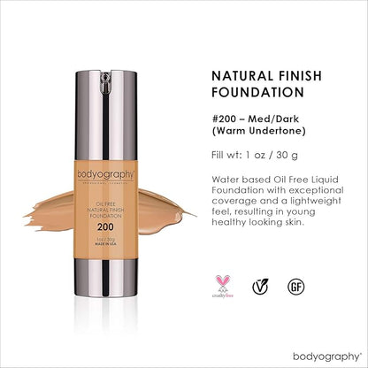 BODYOGRAPHY - NATURAL FINISH Foundation (Med/Dark#200): Oil-Free Anti-Aging Salon Natural Finish w/ Vitamin E, C, Antioxidants | Vegan, Gluten-Free, Paraben-Free