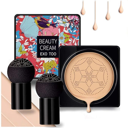 NUIBO Air Cushion CC Cream Mushroom Head, Moisturizing Concealer Makeup Base, Primer Liquid Foundation Long Lasting with Two Mushroom Makeup Sponges 【Natural】