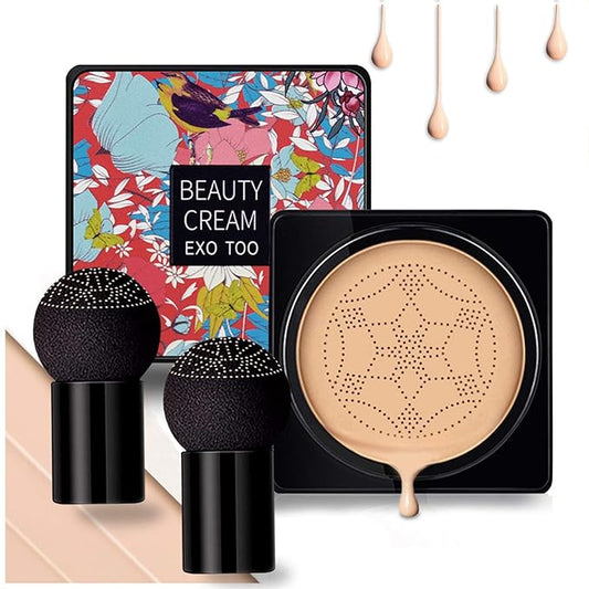 NUIBO Air Cushion CC Cream Mushroom Head, Moisturizing Concealer Makeup Base, Primer Liquid Foundation Long Lasting with Two Mushroom Makeup Sponges 【Natural】