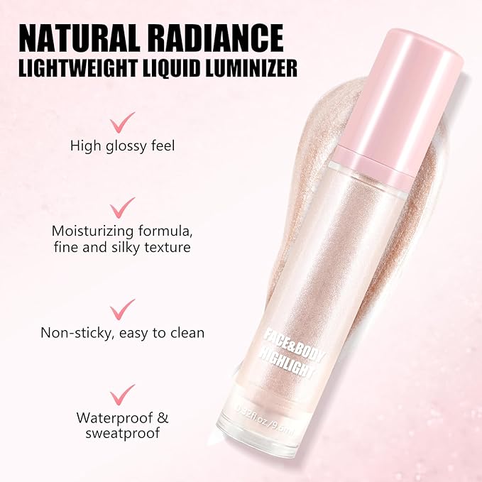 Boobeen Liquid Highlighter Makeup, Shimmer Cream Liquid Illuminator Contour for Face and Body, Smooth Glow Natural Looking Waterproof Liquid Highlight Brightening Make Up