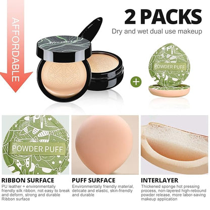 Mushroom Head Air Cushion CC Cream 2PCS Set - BB Cream Face Makeup Foundation with Power Puff for Mature Skin Moisturizing Concealer Brighten Long-Lasting, Skin Tone for All Skin Types (Buff Beige)