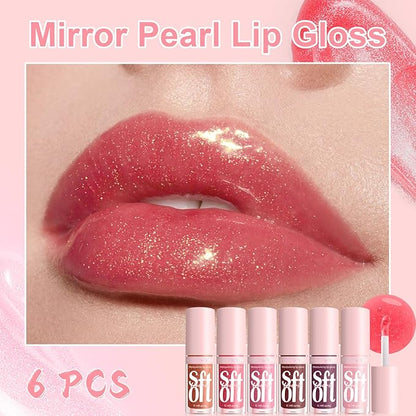 6 PCS Hydrating Lip Oil, Big Brush Head Lip Glaze Shiny Transparent Lip Glow Oil, Nourishing & Non-sticky Long Lasting Fresh Clear Smooth Lip Care Plumping Lip Oil (SET A)