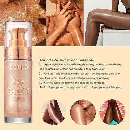 Body Shimmer Oil Liquid Glitter Face Luminizer Glow Highlighter Waterproof Long Lasting Moisturizing Luminizer FaceProm Party Makeup Brush Include(Rose Gold, Body Oil)