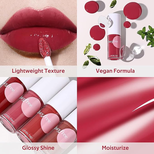 Tinted Hydrating Lip Oil, Korean Makeup Lip Gloss, High Shine, Pigmented Color, Soft Lightweight, Strong Moisturizing, Non-Sticky Lip Oil Tint for Dry Lips, for Healthy Lips All Day Long,Vegan