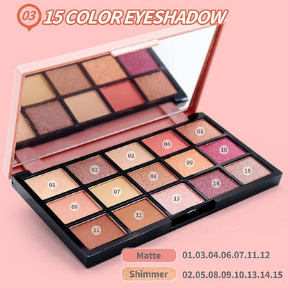 All in One Makeup Kit for Women,15 Color Eye Shadow Makeup Plattete,Waterproof Eyeliner Mascara,3 Color Eyebrow Powder,Eyebrow Stencils,Eyelash Curler,8 Makeup Brushes,Gold/Black Sequin Cosmetic Bag