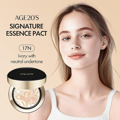 AGE20'S Signature Essence Pact SPF 50+ | Pack of 1 | 17N IVORY | Cream Foundation, Dewy Finish, Natural Coverage | Korean Cushion Foundation