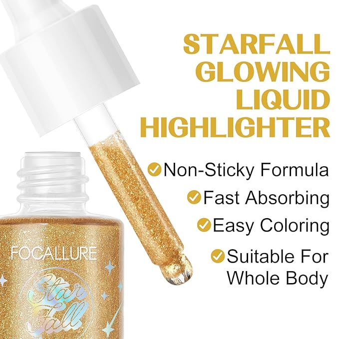 FOCALLURE Starfall Glowing Liquid Highlighter, Shimmering Body Oil, Non-Sticky Shimmer Liquid Luminizer, Non-Greasy, Face & Body Glitter Makeup for Costumes, Cosplay, Rave Festival, I'm Rich