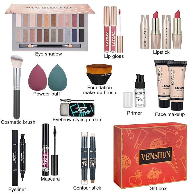 All in One Makeup Kit for Women Full Kit Includes Palette Foundation & Face Primer, Makeup Brush Sponge, Eyebrow Soap, Winged Eyeliner Stamp 20 Colors Eyeshadow Gift Set for Women, Girls & Teen