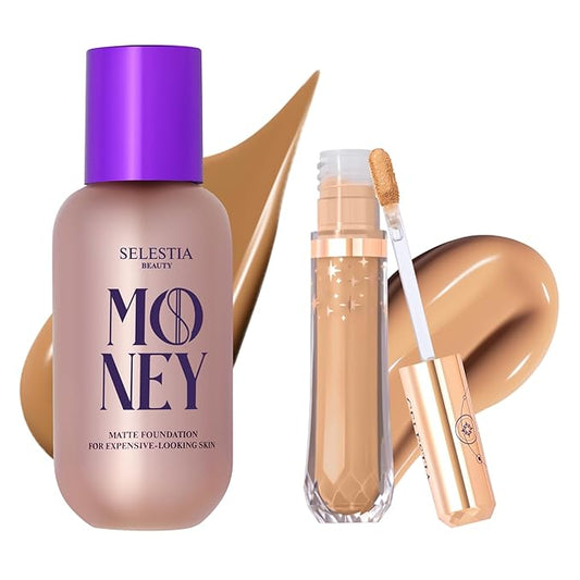 Liquid Foundation & Under Eye Concealer - Make Up Set for Flawless Natural Skin Base - Matte Foundation (Honey) and Liquid Concealer (Caramel)