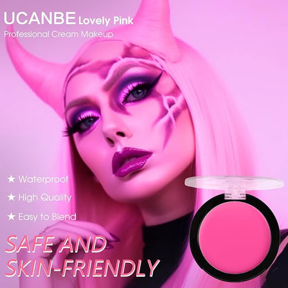 UCANBE Pink Face Body Paint Makeup Foundation, Professional Waterproof Cream Greasepaint, Non-Toxic Face Painting Kit for Halloween Makeup, Sugar Skull SFX Cosplay, Special Effects Costume & Parties