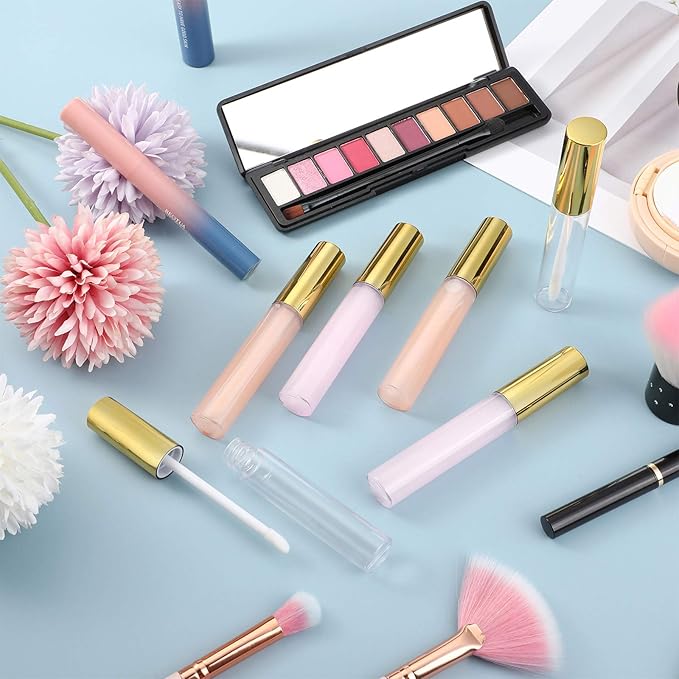 Patelai 40 Pieces Empty Lip Gloss Tubes Containers Clear Lip Balm Bottle with Rubber Stopper and 2 Pieces Funnels for Women DIY Makeup Lip Samples(10 ml,Gold)