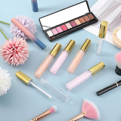 Patelai 40 Pieces Empty Lip Gloss Tubes Containers Clear Lip Balm Bottle with Rubber Stopper and 2 Pieces Funnels for Women DIY Makeup Lip Samples(10 ml,Gold)