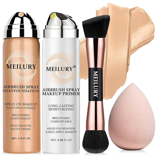 AirBrush Foundation Spray Set, Spray Foundation Makeup and Hydrating Face Air Primer Kit, Longwear Waterproof Liquid Matte Foundation Mist for Flawless Look (02 Beige)