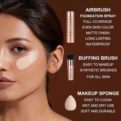 AirBrush Foundation Spray Set, Spray Foundation Makeup and Hydrating Face Primer Kit, Longwear Waterproof Liquid Matte Foundation Mist for Flawless Look, Brush and Sponge Include (#4 Warm Beige)