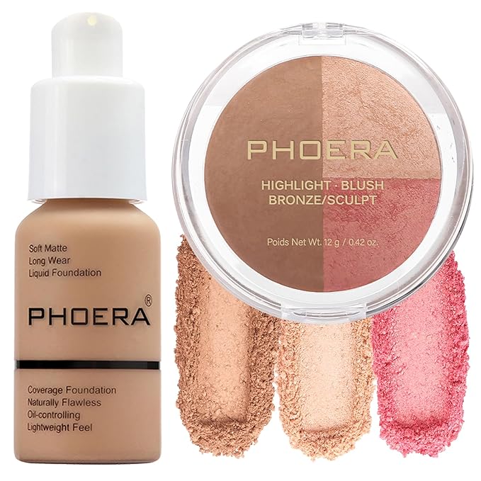 PHOERA Foundation, PHOERA Contour Palette,Shades with Highlighter & Bronzer & Blush,PHOERA Makeup Lightweight Long Lasting Wrinkles Matte Natural Finish (105+ #002 Contour/Sand+#002)