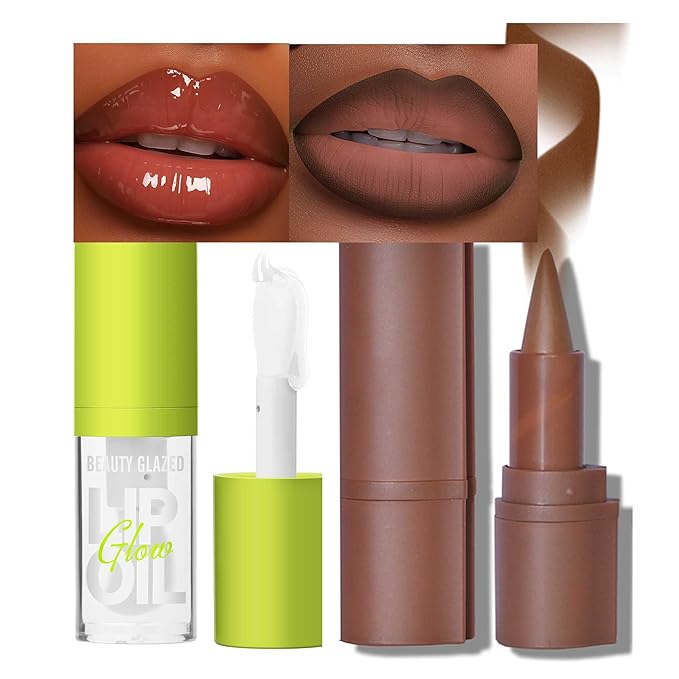 2Pcs Lip Oil and Lip Liner Set, Gradient Brown Lip Liner and Lipstick Lip Combo Set, Smooth Glossy Finish Lip Glow Oil for Black Women (2, Coffee Bean Set)