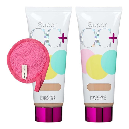 Super CC Cream, Bundle with Makeup Cleansing Cloth, Full Coverage Foundation, Anti Aging Hydrating Serum, For Uneven Skin Tone, Dark Circles & More, Foundation Makeup (Pack of 2)