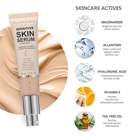 PHOERA Tinted Moisturizer Foundation Serum, 4-in-1 Hydrating, Primer, & Foundation, Hydrate skin Serum, PHOERA Foundation Face Powder