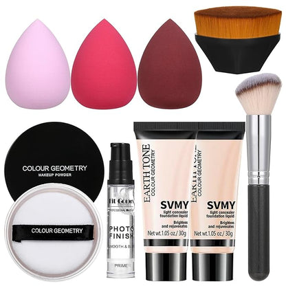 Foundation Full Coverage Matte Oil Control Concealer with Face Primer & Makeup Brush & Makeup Sponge & Foundation Brush