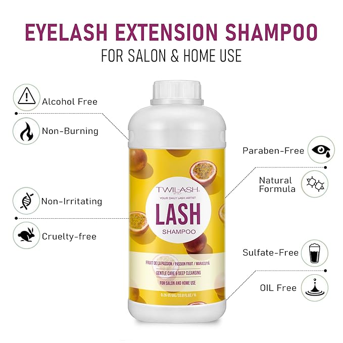 Lash Shampoo Bulk, Eyelash Cleanser for Extensions 2 Liters, Dispenser Pump, Non-irritating or Burning Eyelid Foaming Cleanser for Professional Salon and Home Use (Passion Fruit-1L)