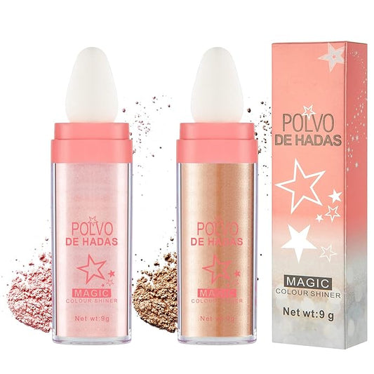 Highlighter Powder Stick Makeup 2Pcs Polvo De Hadas Body Glitter Shimmer Highlighter Powder High Gloss Blush Contour Powder Makeup Shine Face Powder Blush for Eyes Lips Hair Body Glow (Pink,Brown)