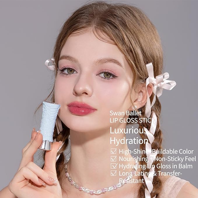 Flower Knows Swan Ballet Shine Lipstick,Hydrating Solid Lip Gloss,Moisturizing Pink Tinted Lip Balm-Long Lasting Lip Gloss in Balm for Girls&Women,Vegan & Cruelty-Free(B06 Blue Ribbon)