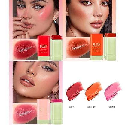 3Pcs Multi-Use Makeup Blush Stick, Tinted Solid Cream Blush Stick for Cheek & Eyes & Lips, Hydrating Long Lasting Lightweight Blendable Natural Nude Makeup Blush Stick