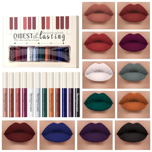 12PCS Matte Liquid Lipstick Set Non-Stick Cup and Not Fade Pigmented Lipstick Long-Lasting Waterproof Velvet Lipgloss Kit Makeup for Girls and Women (Set 02)