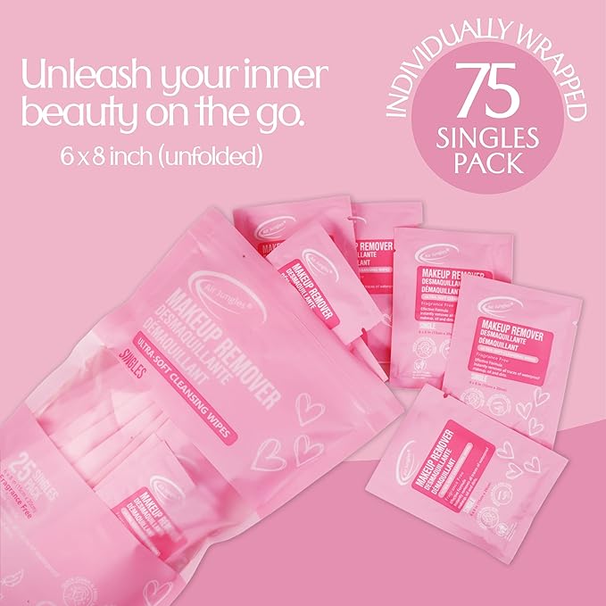 Air Jungles Makeup Remover Wipes Singles 25 Count (Pack of 3), Extra Large 6" x 8", Fragrance-Free, Removes Makeup and Oil, Ultra-Soft Cleansing Wipes, Alcohol Free